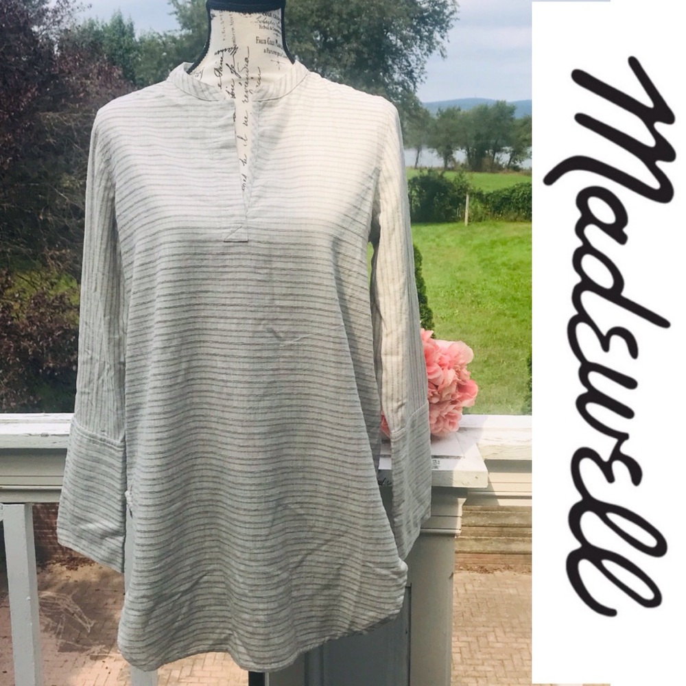 Madewell Gray Texture Striped Split Cuff Shirt Sm - image 1